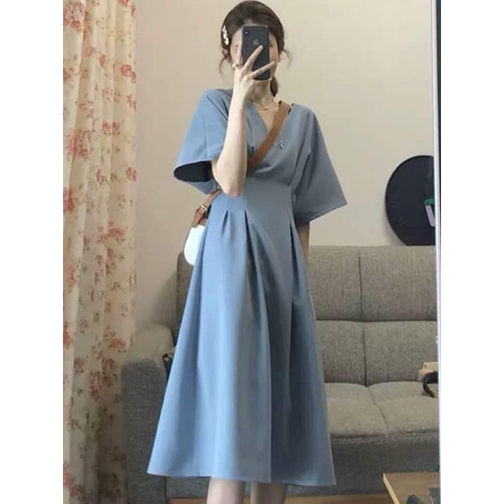 Tặng kèm áo thun| Đầm xếp eo dáng midi xinh xắn