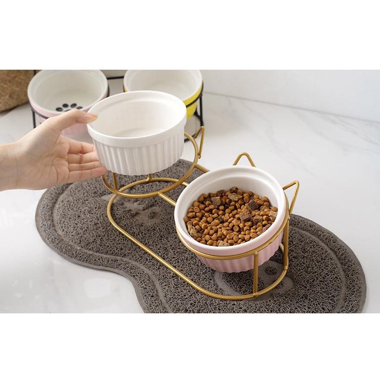 Bát ăn đôi cho mèo, Bát bằng sứ kèm chân đế sắt tai mèo