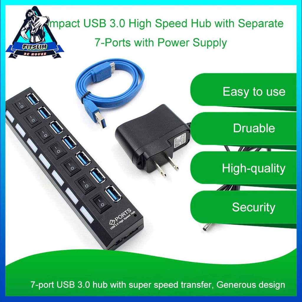 Hub tốc độ cao USB 3.0 nhỏ gọn với 7 cổng riêng biệt với nguồn điện