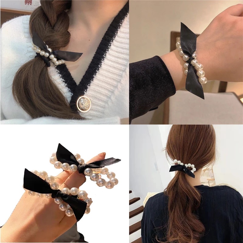 Dây Cột Tóc Co Giãn Hình Nơ Đính Ngọc Trai Lớn Phong Cách Pháp Thanh Lịch Cho Nữ