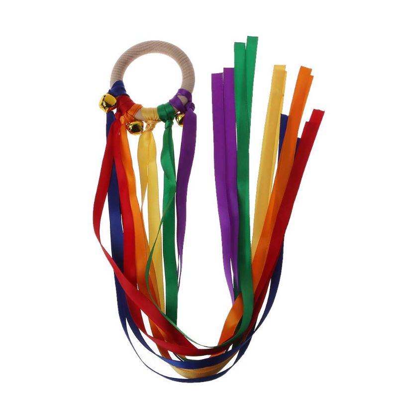 Vòng gỗ lục lạc tự nhiên với ruy băng cầu vồng đồ chơi ngậm nướu kiểu Montessori quà tặng cho bé sơ sinh