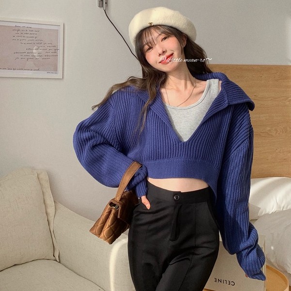 QADCOL Áo có mũ dài tay cổ chữ V dáng rộng thiết kế giản dị thời trang