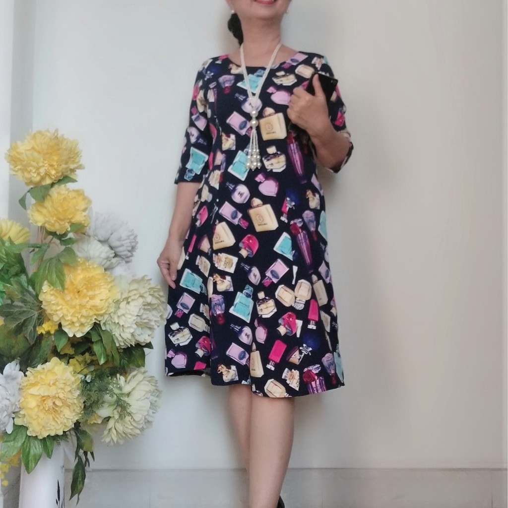 Váy Đầm Trung Niên Dáng Xòe 6 Mảnh Thun Chéo Dày Dặn, Co Giãn - Size 45KG - 78KG