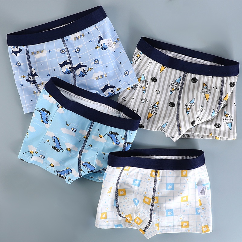 Set 4 Quần Lót Boxer Cotton Nguyên Chất Họa Tiết Hoạt Hình Cho Bé Trai 1-13 Tuổi Bán Sỉ