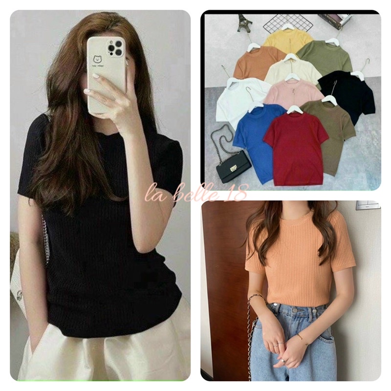 Áo len tăm cổ tròn tay cộc Áo thun tăm gân cao cấp 15 màu