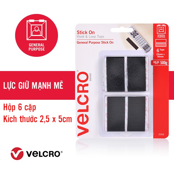 6 cặp băng gai dính có keo Stick On của VELCRO kích thước 2.5cm x 5cm (25558)