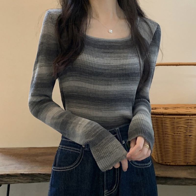 Áo kiểu ZHELIHANGFEI len dệt kim ôm dáng vừa vặn tay dài họa tiết kẻ sọc thời trang dành cho nữ