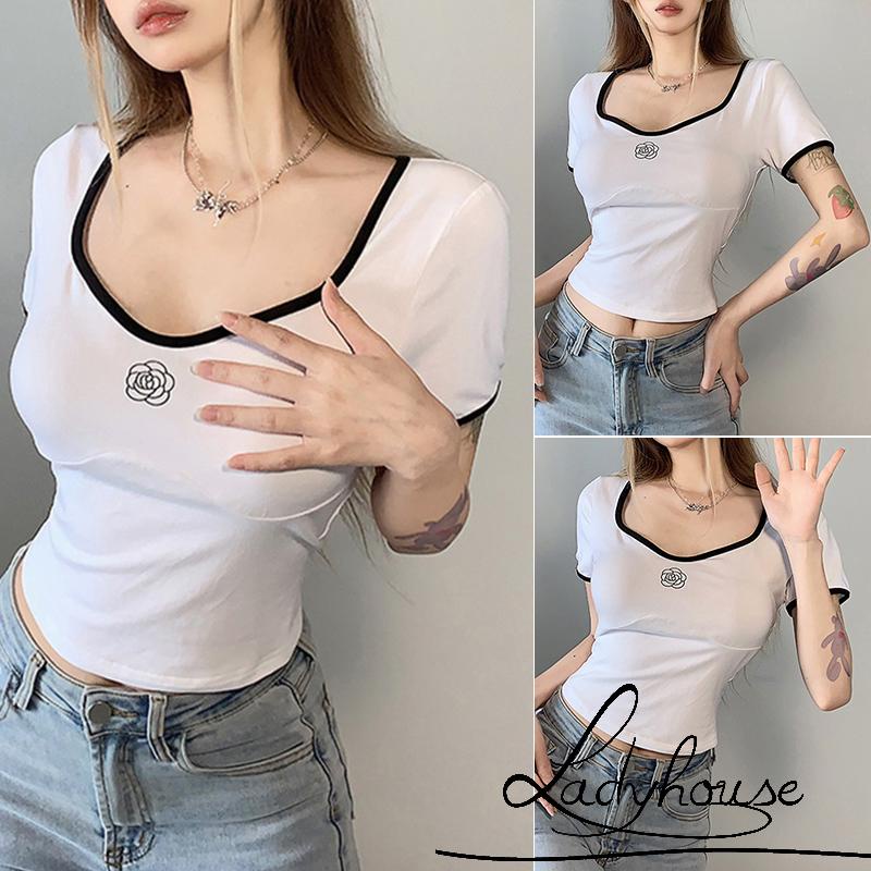 Áo Thun Tay Ngắn Cổ Chữ V In Họa Tiết Hoa Màu Sắc Tương Phản Co Giãn Thời Trang Mùa Hè Cho Nữ