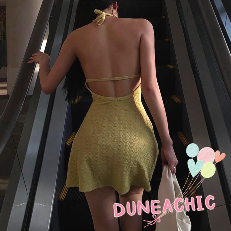 DUNEA Đầm hai dây mini cổ chữ V hở lưng quyến rũ thời trang dành cho nữ