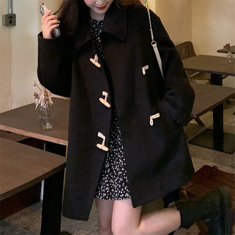 Áo Khoác Len Màu Đen Dáng Rộng Phối Nút Phong Cách Hàn Quốc Thời Trang Thu Đông Cho Nữ