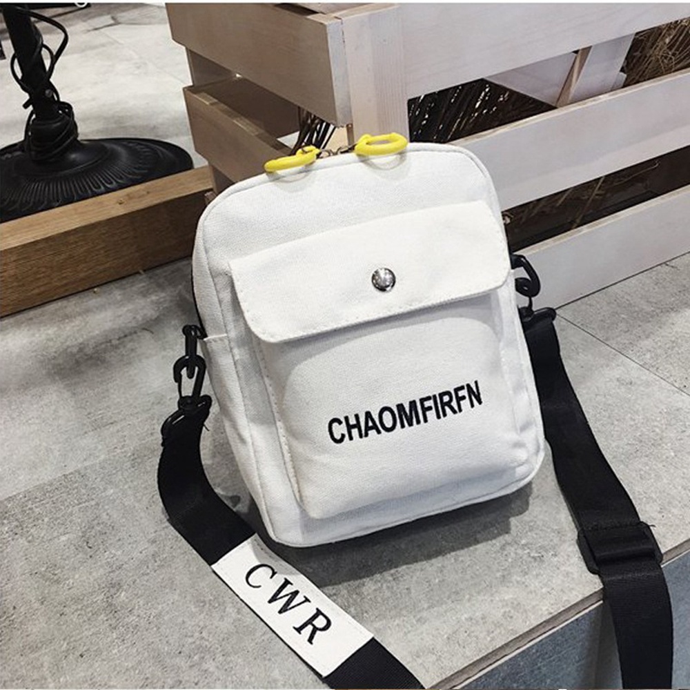 Túi Đeo Chéo Vải Canvas Kiểu Vuông Nhỏ Gọn Họa Tiết Chữ Phối Khóa Kéo Cá Tính