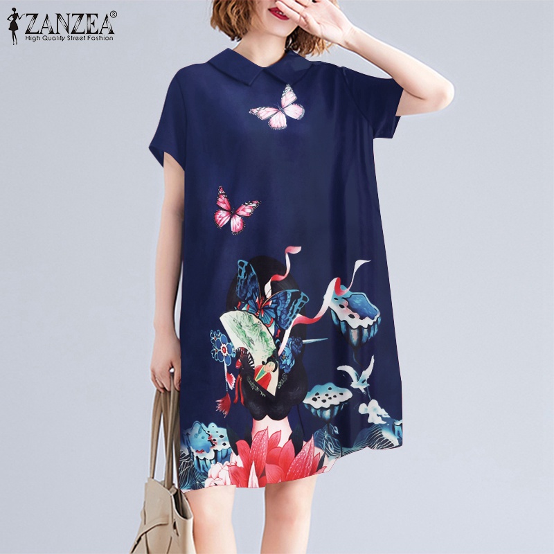 Đầm midi ZANZEA ngắn tay cổ búp bê họa tiết thổ cẩm có túi phong cách retro thời trang dành cho nữ