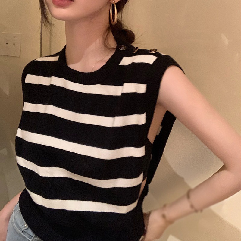 QKOOLE Áo nữ  không tay kẻ sọc ngang thời trang Hàn Quốc