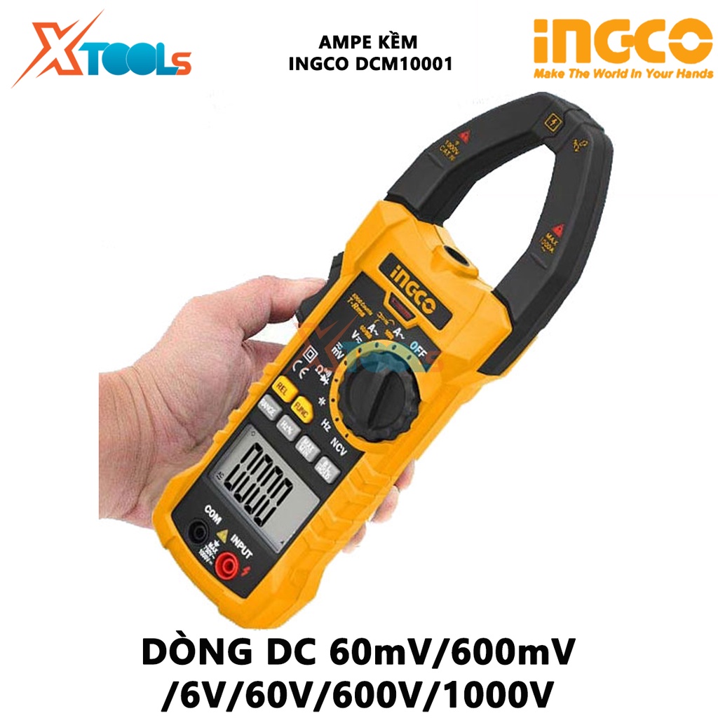 Ampe kìm INGCO DCM10001 | ampe kẹp AC kỹ thuật số Dòng điện AC 60A/600A/1000A, Có màn hình điện tử LCD đồng hồ vạn năng