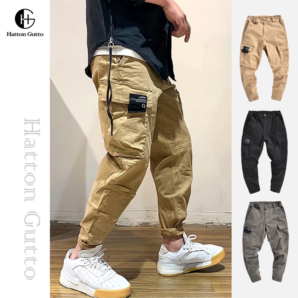 Quần dài chino HATTON GUTTO dáng suông rộng vải cotton lưng thun nhiều túi phong cách Hàn Quốc cho nam