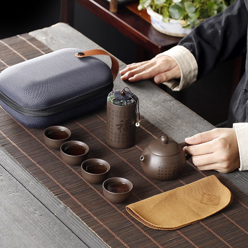 Bộ bình trà tử sa 💝Freeship💝 ấm Tử Sa [KHẮC CHỮ] Bộ ấm chén có túi đựng đi du lịch + Tặng Kèm Khăn Lau | BigBuy360 - bigbuy360.vn