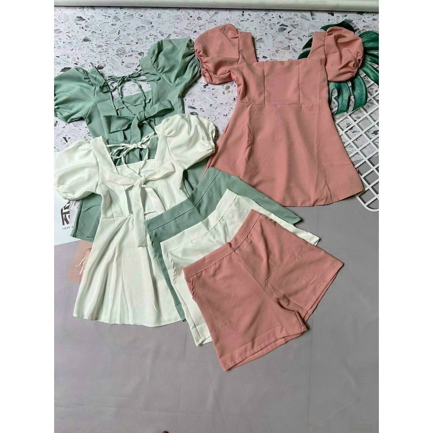 [ Miễn Phí Ship 2022 ] Set bộ đùi vải for áo cổ vuông hở lưng kèm quần ngắn, set bộ hai món kiểu dáng thời trang