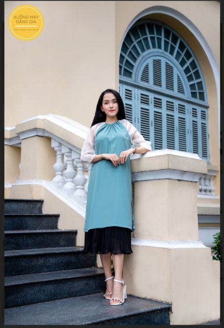 SET ÁO DÀI YẾM XANH VỎ ĐẬU CHÂN VÁY DẬP LY