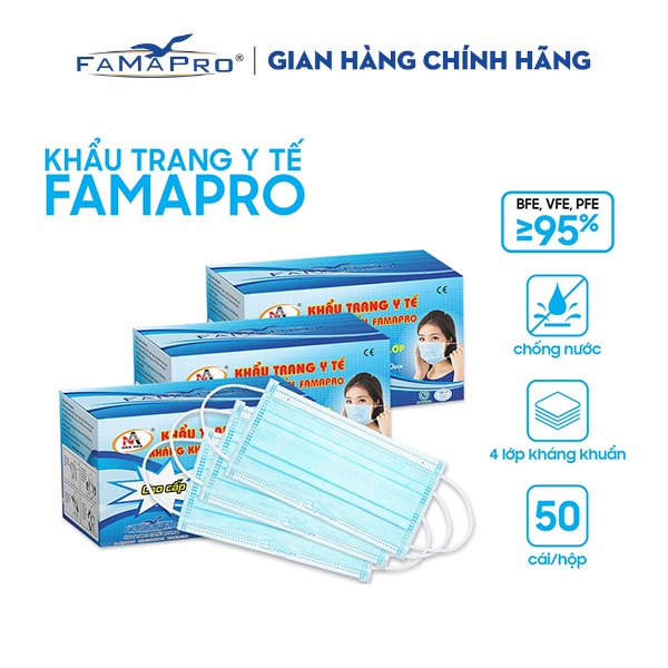[COMBO 3 hộp] Khẩu trang y tế 4 lớp kháng khuẩn Famapro Cô Gái hộp 50 cái