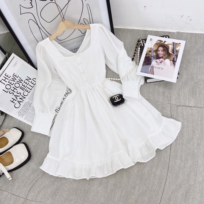 ĐẦM TRẮNG CHÂN BÈO NÚT CỔ VUÔNG TAY DÀI BO