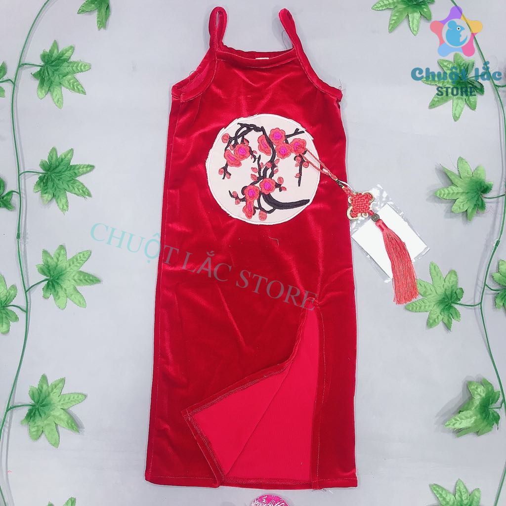 Đầm Nhung Bé Gái Chuột Lắc Store Kiểu Áo Dài Thượng Hải, Form Body Xẻ Tà Cho Bé Từ 12Kg Đến 28Kg Màu Đỏ