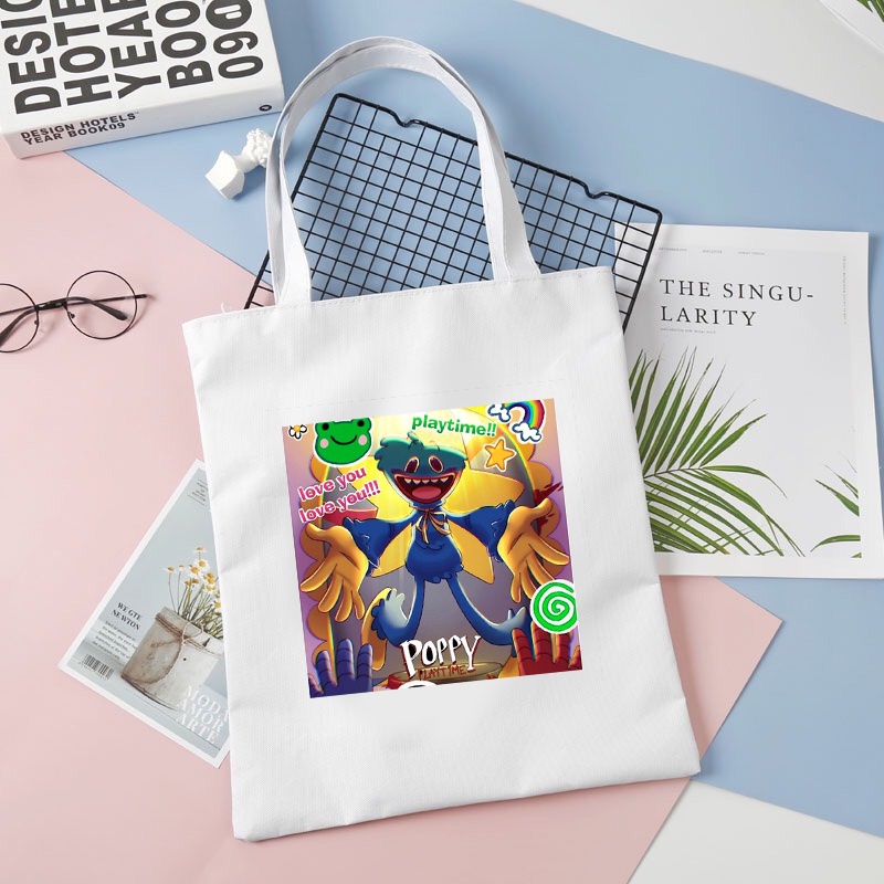 Túi tote vải trắng đeo vai in hình game POPPY PLAYTIME phong cách anime chibi tiện lợi thời trang