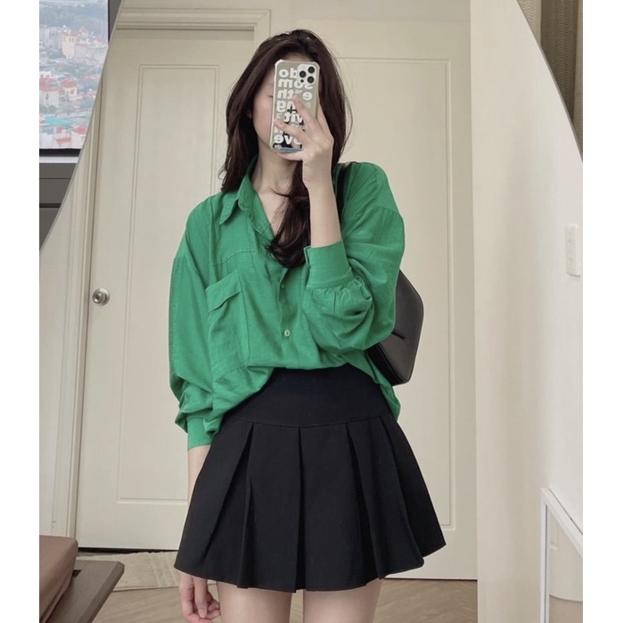 Chân váy xếp ly ngắn bản to màu xám phong cách Hàn Quốc