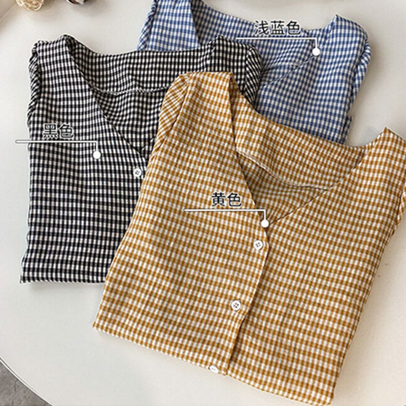 Áo nữ tay ngắn cổ chữ V thời trang plaid shirt | BigBuy360 - bigbuy360.vn