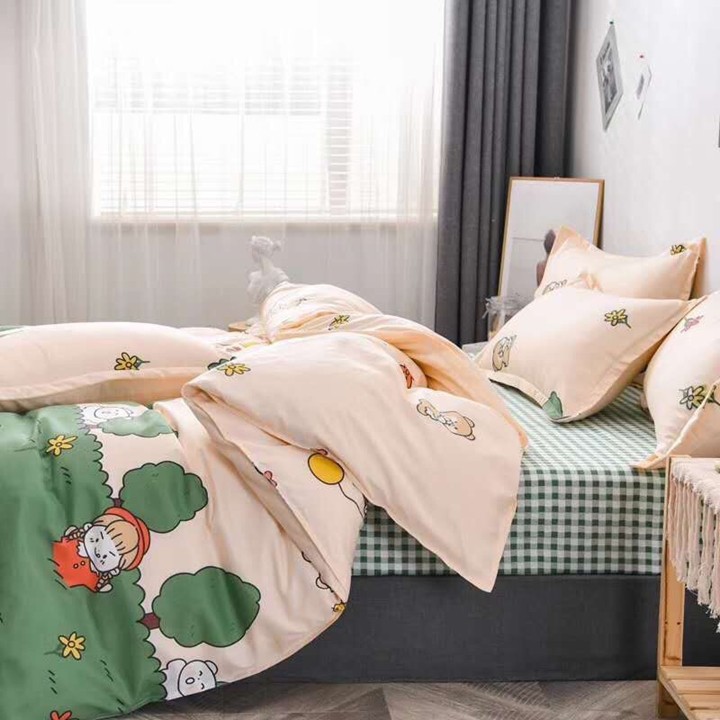 Bộ chăn ga gối drap giường chất cotton poly họa tiết cô bé rừng xanh