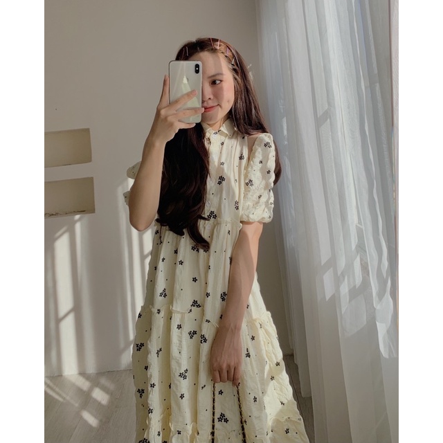 Đầm babydoll hoa nhí xẻ vai 264, đầm trễ vai form rộng dáng dài