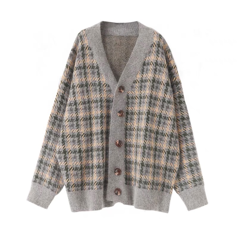 Áo Len Cardigan Nữ Họa Tiết Thổ Cẩm Kẻ Nhỏ Phong Cách Hàn Quốc