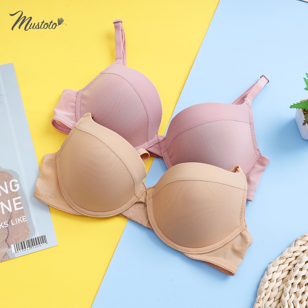 Combo 2 Áo Lót Nữ Mút Mỏng Nâng Ngực Trơn Phối Lưới Bra Cao Cấp Hồng Da Đậm (Mustoto MA43)