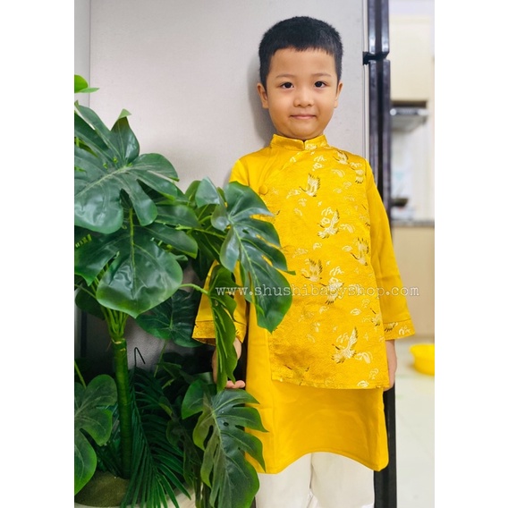 áo dài tết bé trai lụa gân tà đắp hai màu Beemo