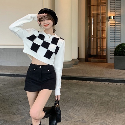 Áo Thun Dệt Kim Tay Dài Họa Tiết Caro Màu Sắc Tương Phản Phong Cách Hàn Quốc Cho Nữ | BigBuy360 - bigbuy360.vn