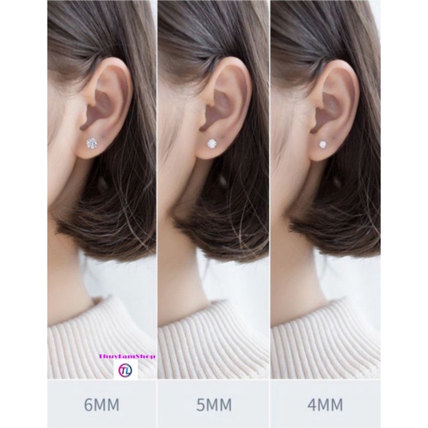 Bông tai bạc ta dạng chốt thẳng kiểu nụ đính đá pha lê trắng 4li 5li 6li vĩnh viễn bảo hành
