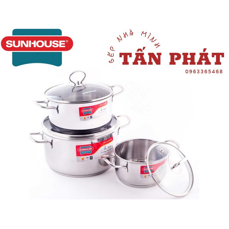 Bộ 3 nồi Inox 3 đáy quai đũa cao cấp SUNHOUSE SH888 KÈM QUÀ