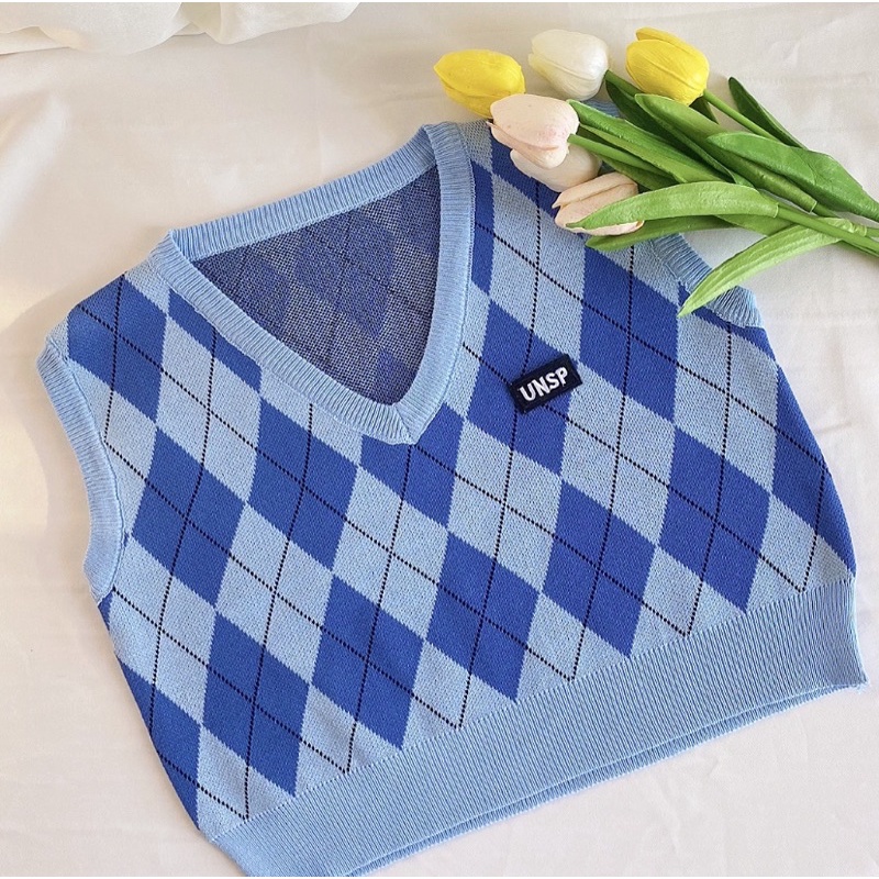 [Ảnh thật ở cuối 👍] Áo len gile croptop, họa tiết caro xanh dương phong cách hàn quốc trẻ trung, năng động freesize | BigBuy360 - bigbuy360.vn