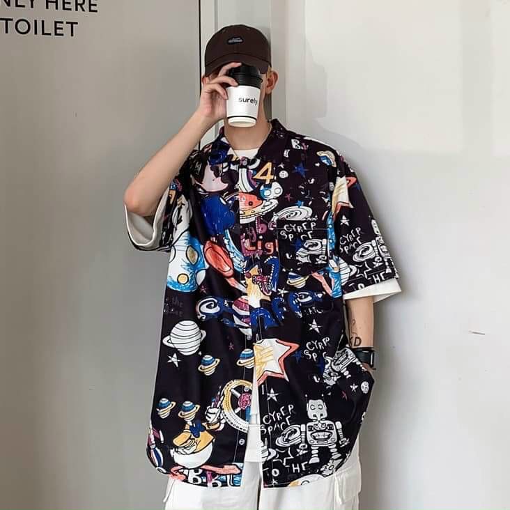 Áo Sơ Mi Tay Lỡ Nam Nữ Form Rộng Unisex Họa Tiêt Đẹp Chất Liệu Lụa Mịn Mát