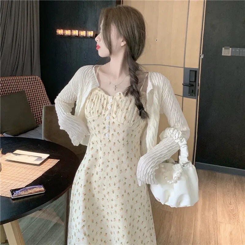 Mặc gì đẹp: [Mã FAMARAL1 giảm 10K đơn 50K] Váy Hai Dây Hoa Nhí/ Áo Khoác Cardigan Mỏng HT01 Phong Cách Hàn Quốc