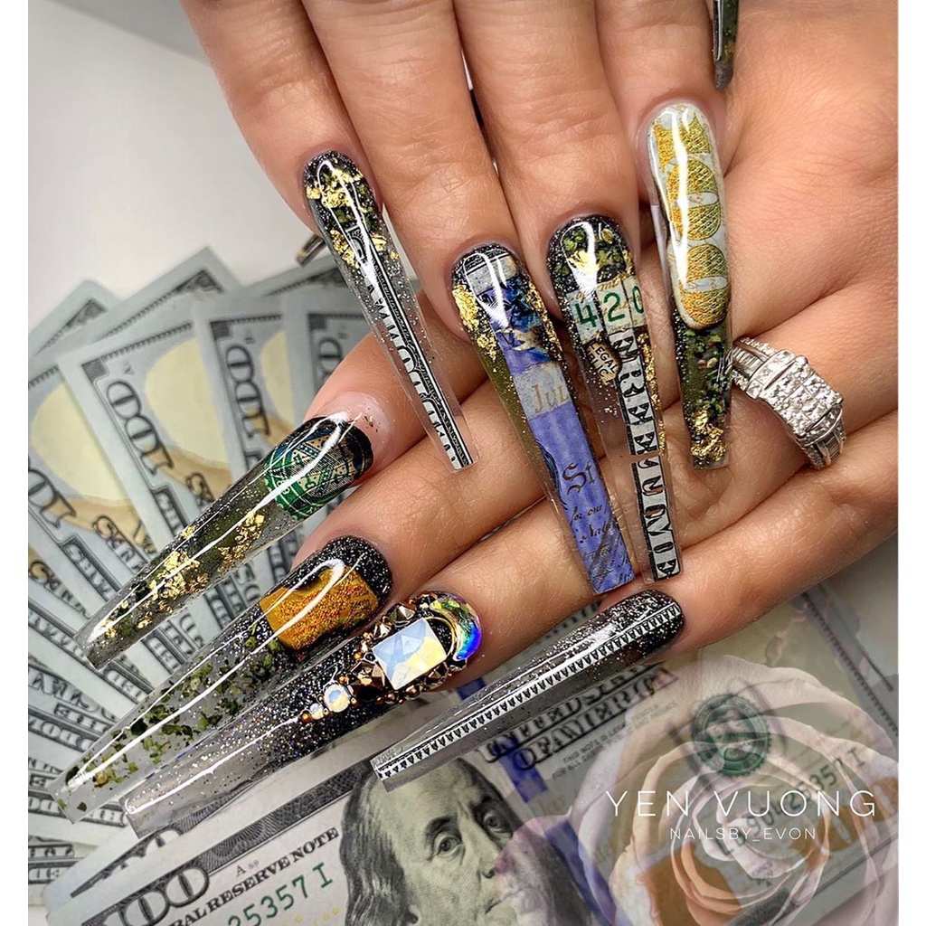 Set 20 tờ Giấy ẩn gel hình tờ đô_ Đô la nail ẩn móng tay gel, bột