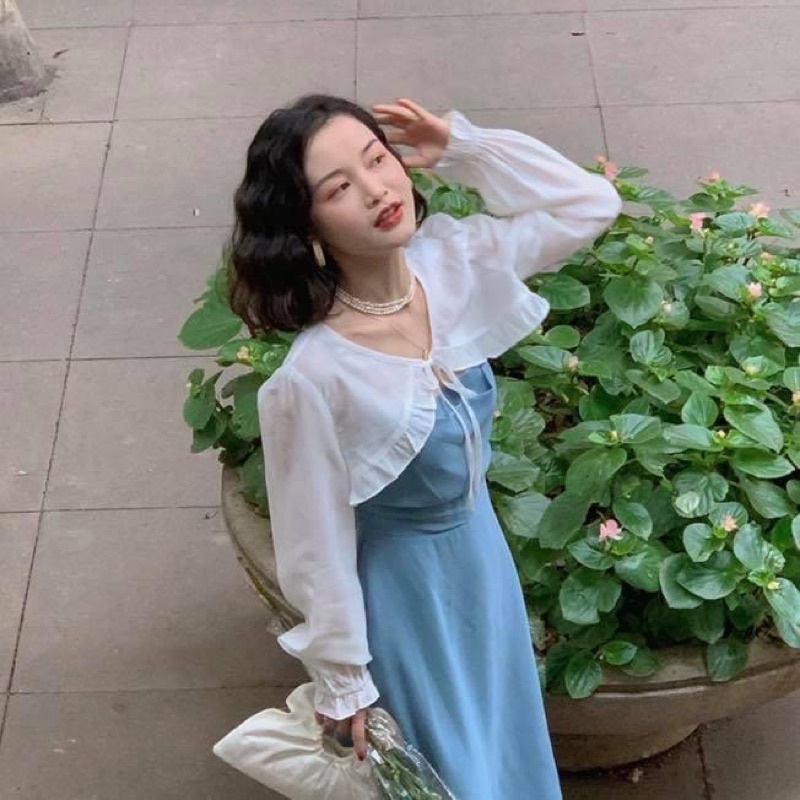 Áo khoác cardigan nữ croptop voan trắng oversize tay dài - Order taobao quảng châu