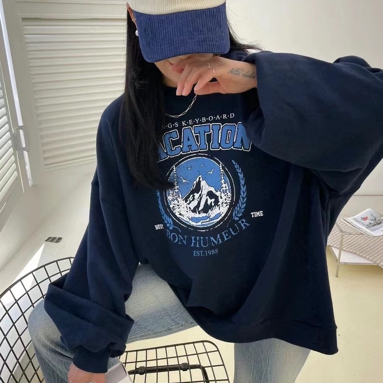 ZHELIHANGFEI Áo Thun Tay Dài Cổ Tròn Form Rộng Họa Tiết In Theo Phong Cách Preppy