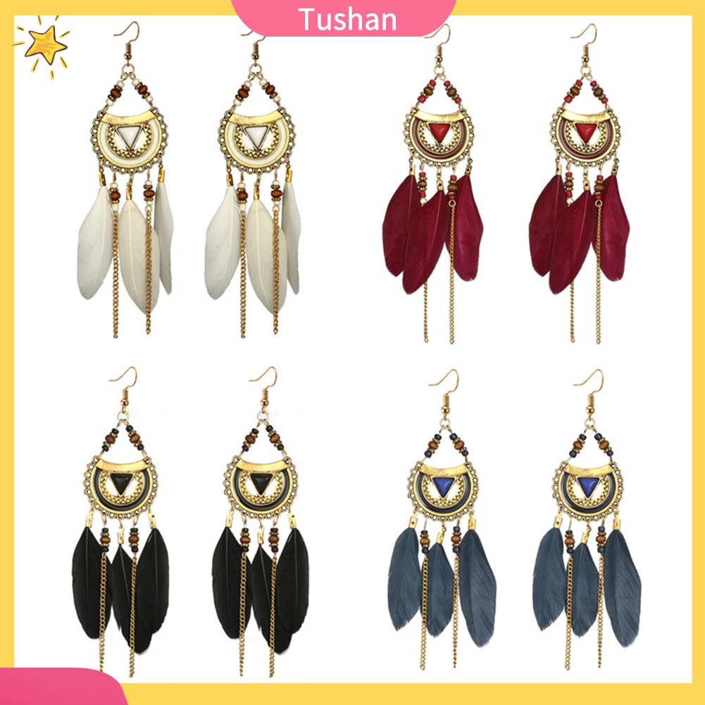 Bông tai tua rua lông vũ phong cách retro cho nữ