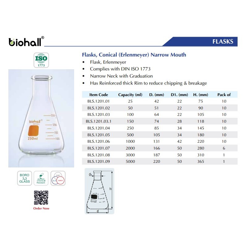 Bình nón tam giác 3L-5L Miệng Hẹp Tiêu chuẩn DIN/ISO 1773 Biohall Germany | Erlenmeyer Flasks (Conical) Narrow