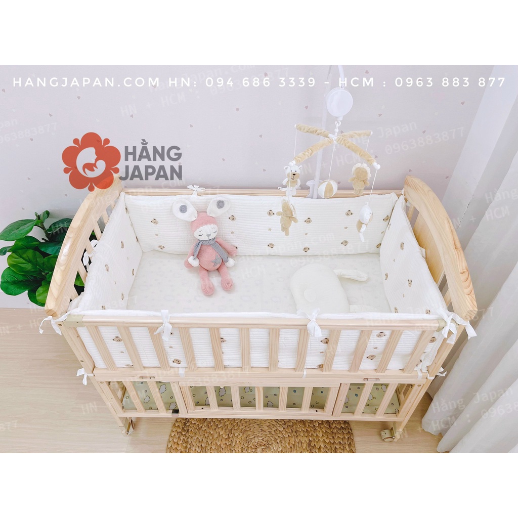 Bộ quây cũi vải 5 in 1 hình gấu kèm ga chun bọc đệm cho bé kích thước 65*125cm