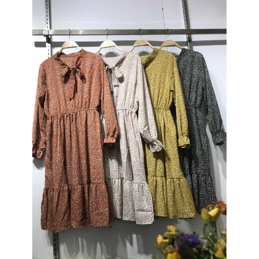 Váy hoa nhí dài tay thắt nơ - Váy vintage - Đầm thu đông - Xưởng May Hạnh Hồng | BigBuy360 - bigbuy360.vn