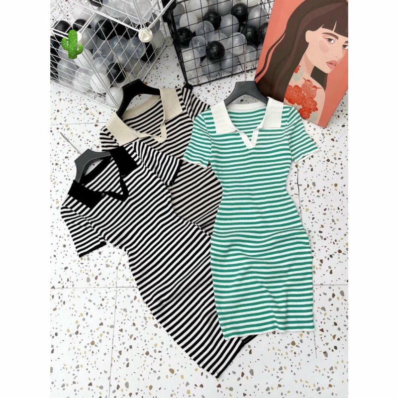 🅰️ Đầm polo nữ sọc ngang nhỏ, đầm body kẻ sọc mẫu mới, cổ bẻ chữ V trẻ trung, Chất thun gân, Size: <48kg