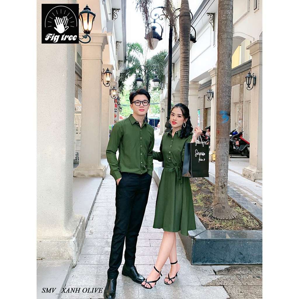 Set Sơ Mi Váy FIGTREE Màu Xanh Olive Siêu Cute Cho Các Cặp Tình Nhân