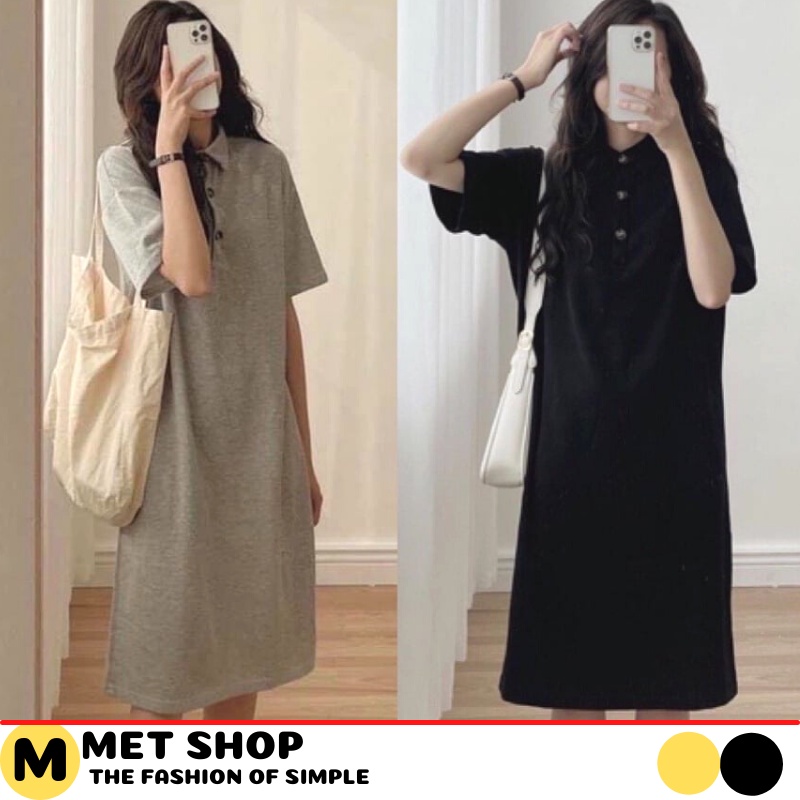 Đầm suông Polo tay lỡ chất thun zíp- váy 2 màu trơn dài co giãn. MET SHOP 1989