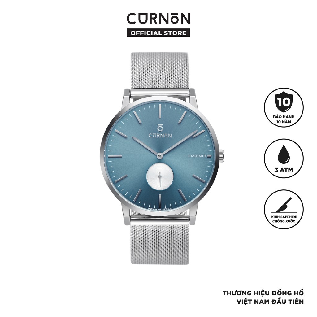 Đồng hồ nam Curnon Kashmir Arctic dây kim loại chính hãng, thiết kế 3 kim thời trang